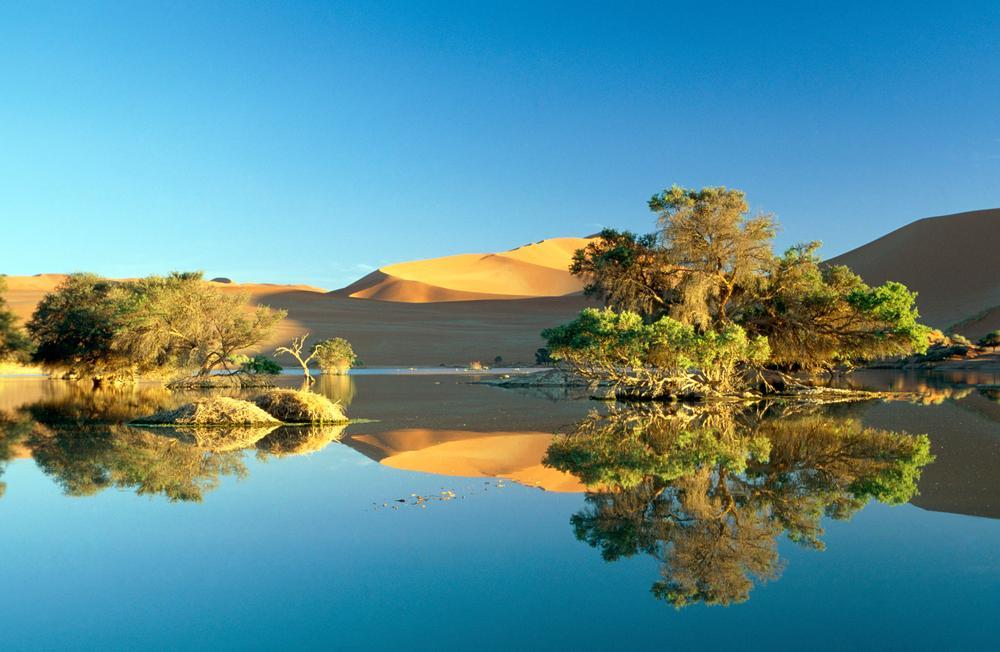 Sossusvlei, a rare sight, flooded by excessive summer rain, Namib Desert, Namibia. AKG971424 ©  akg-images / african.pictures / Alan Wilson / africanpictures.net