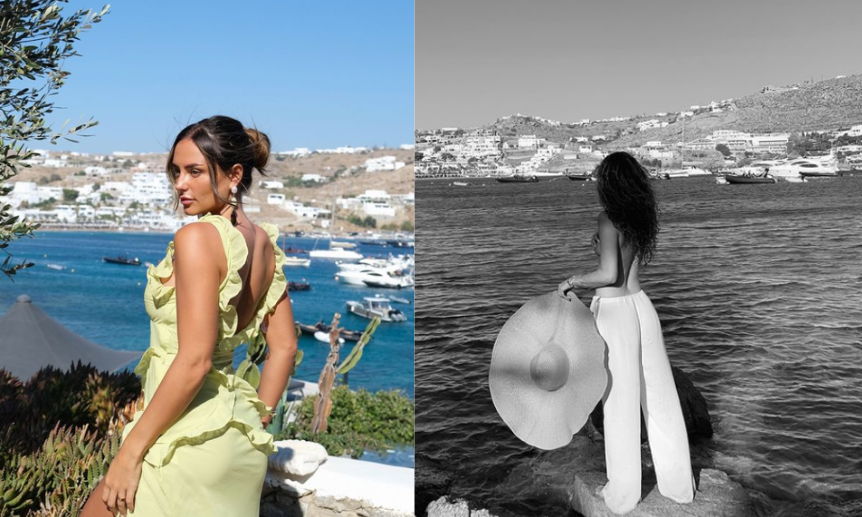 Pictured left to right: Leah Taylor and Maura Higgins take to Instagram to pose against the stunning views from Kivotos Mykonos.