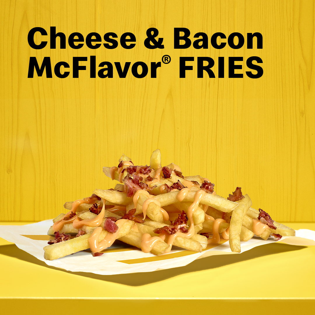 Les Bacon & Cheese McFlavor Fries sont également disponibles à partir d'aujourd'hui à un prix conseillé de 3.50€ en Medium et 3.80€ pour la version Large. Les Bacon & Cheese McFlavor Fries sont également disponibles à partir d'aujourd'hui à un prix conseillé de 3.50€ en Medium et 3.80€ pour la version Large.
