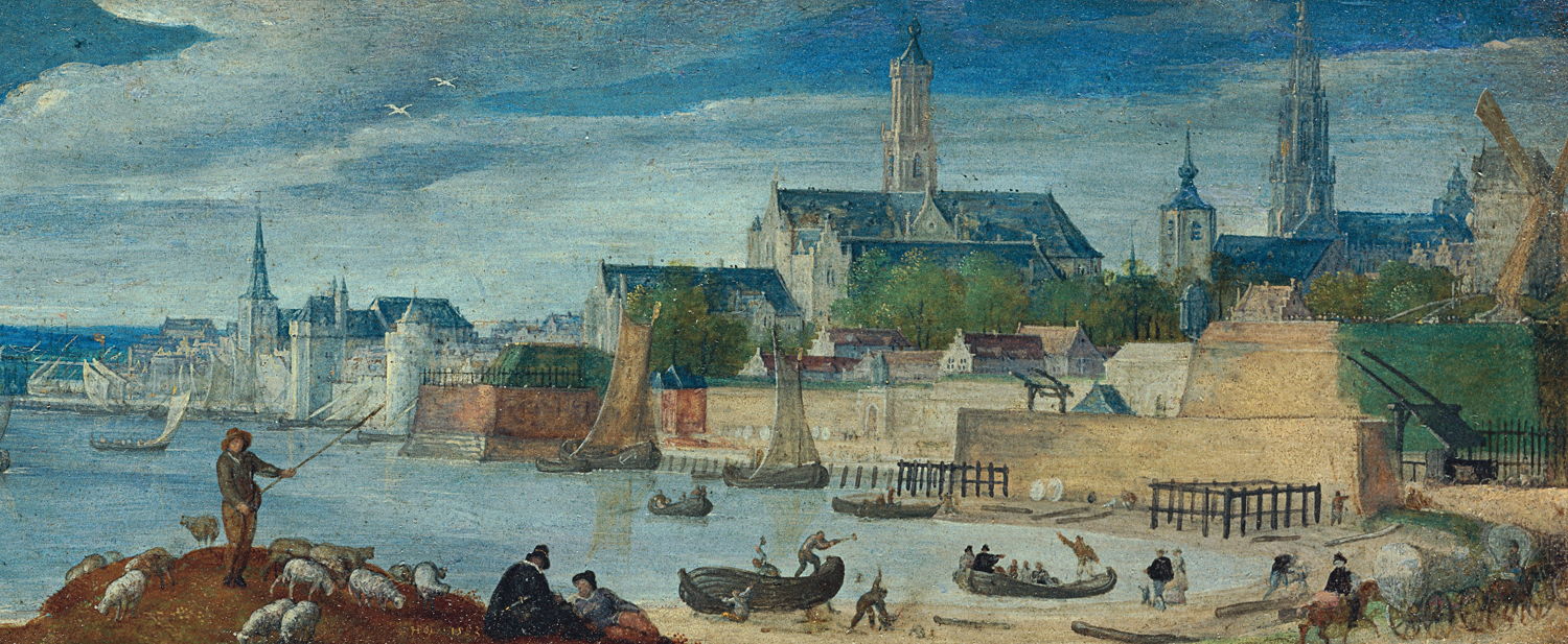 Redezicht vanuit het zuiden, met centraal Sint-Michielsabdij 
(Hans Bol, Antwerpen in profiel, 1583)
© KBC Bank, Antwerpen, Snijders&Rockoxhuis