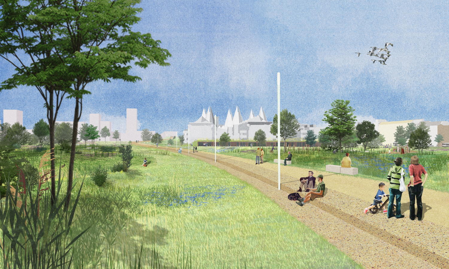 Ringpark Zuid: Een mogelijke invulling van de Konijnenweide als onderdeel van het Leienpark.
© Ontwerpteam Ringpark Zuid - 51N4E, H+N+S, Tractebel, Endeavour, Bollinger+Grohmann, Plant&Houtgoed en MDC