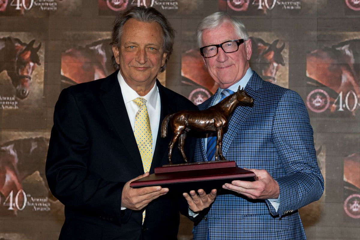 Eugene Melnyk accepting the Sovereign Award in 2014 for Champion Older Horse Lukes Alley. (Michael Burns Photo) 