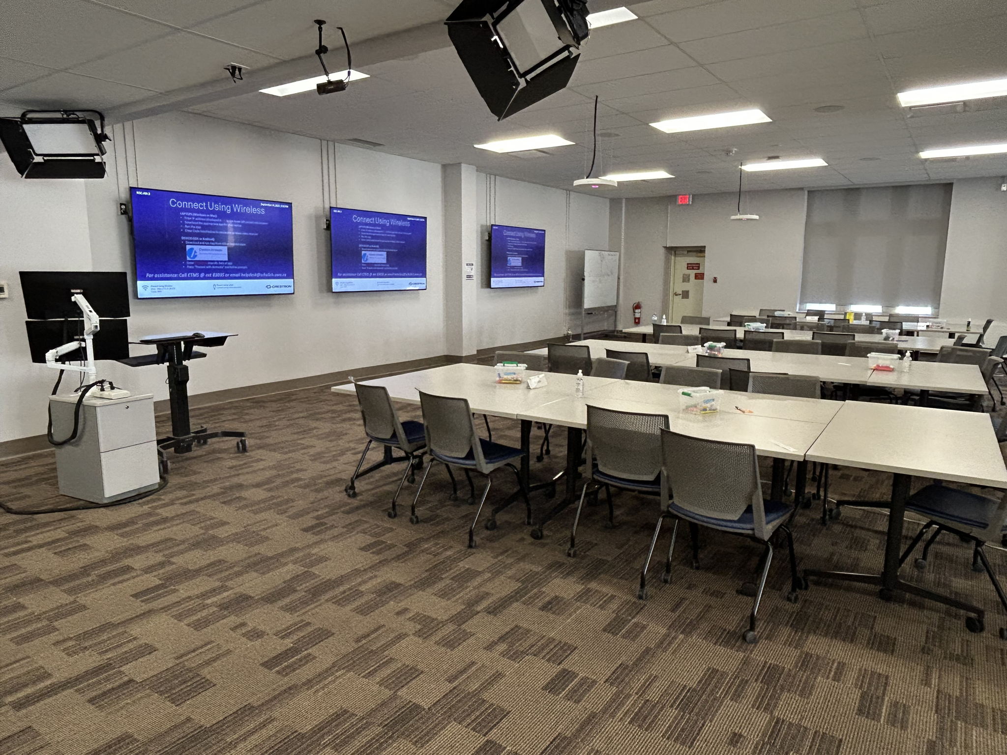 The The IMS classroom utilizes advanced video technology for hybrid classes with high production values. The TCC M microphones in IMS space are used for conferencing, recording, and reinforcement using TruVoicelift simultaneously.