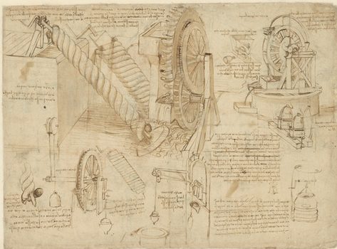 Leonardo Da Vinci (1452-1519), Codex Atlanticus, sheet 26 verso. On the left, water lifting machine; on the right, machine drawing the water from a well and driving it to houses. AKG6034445 © akg-images / Mondadori Portfolio/Veneranda Biblioteca Ambrosiana/Metis e Mida Informatica Leonardo Da Vinci (1452-1519), Codex Atlanticus, sheet 26 verso. On the left, water lifting machine; on the right, machine drawing the water from a well and driving it to houses. AKG6034445 © akg-images / Mondadori Portfolio/Veneranda Biblioteca Ambrosiana/Metis e Mida Informatica