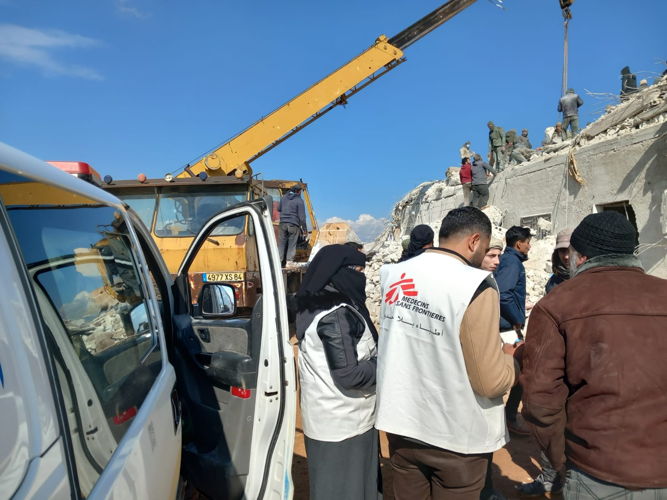Title: earthquake response Atarib, Syria Copyright: MSF Countries: Syria Date taken / Date Recorded: 08 February, 2023 Caption / Description: MSF team, a social worker and a logistician, visited the Atarib area, in Aleppo, one of the most affected areas, to conduct an initial assessment and identify critical needs after the earthquake. They met with people to listen to their needs related to water and hygiene, the availability of shelters, and also the situation of the needs of vulnerable groups such as people with disabilities, the elderly, and unaccompanied children. Title: earthquake response Atarib, Syria Copyright: MSF Countries: Syria Date taken / Date Recorded: 08 February, 2023 Caption / Description: MSF team, a social worker and a logistician, visited the Atarib area, in Aleppo, one of the most affected areas, to conduct an initial assessment and identify critical needs after the earthquake. They met with people to listen to their needs related to water and hygiene, the availability of shelters, and also the situation of the needs of vulnerable groups such as people with disabilities, the elderly, and unaccompanied children.