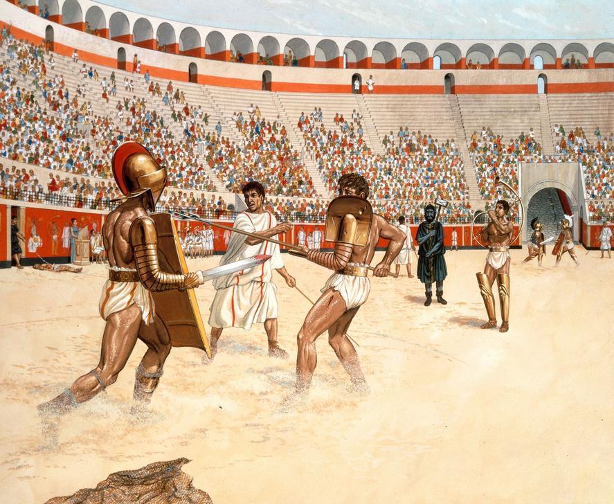 Gladiator fight in the amphitheatre of Pompeii between a “Secutor” and a “Retiarius”, who has been injured and has lost his net (foreground). AKG297680 © akg-images / Peter Connolly