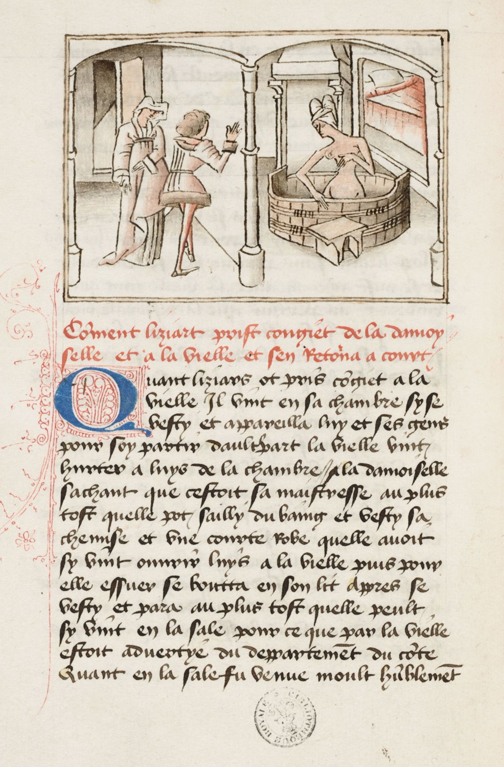 

Liziart bespiedt Euriant in haar bad
miniatuur van de Meester van Wavrin in de Roman de Gérard de Nevers
KBR- ms. 9631 – folio 12 verso