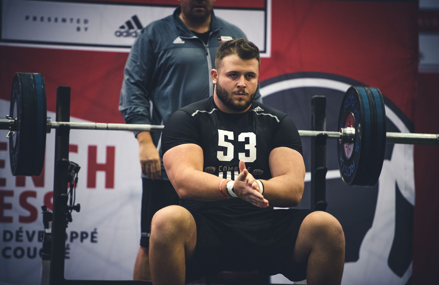 Jean-Simon Roy competing in the Bench Press at the CFL Combine presented by adidas. Photo credit: Johany Jutras/CFL