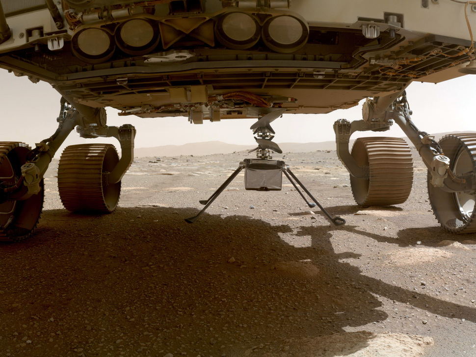 NASA's Ingenuity helicopter, with all four of its legs deployed, drops from the bottom of the Perseverance rover on March 30, 2021. This image was taken by the WATSON (Wide Angle Topographic Sensor for Operations and eNgineering) camera, located at the end of the rover's long robotic arm. AKG9036417 ©akg-images / Science Source NASA's Ingenuity helicopter, with all four of its legs deployed, drops from the bottom of the Perseverance rover on March 30, 2021. This image was taken by the WATSON (Wide Angle Topographic Sensor for Operations and eNgineering) camera, located at the end of the rover's long robotic arm. AKG9036417 ©akg-images / Science Source