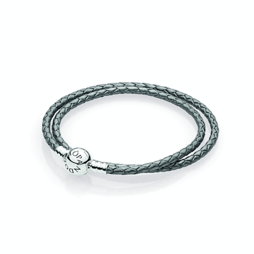 Silver Grey Braided Double-Leather Charm Bracelet
