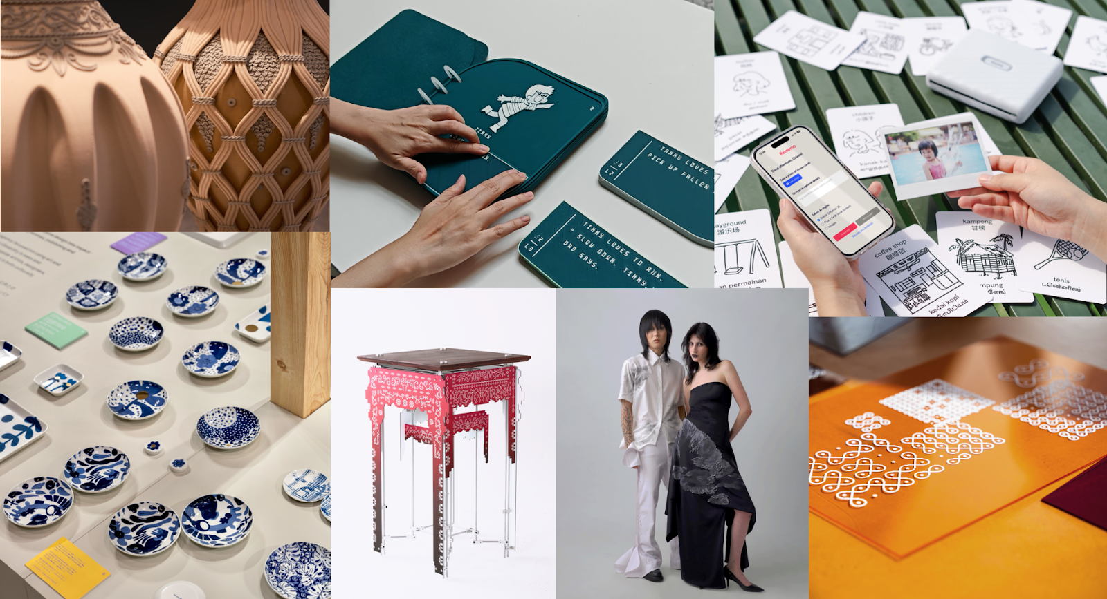 Left to right (clockwise): Threads of Becoming by Melvin Ong, Shervon Ong & Andy Yeo; 3D-printed tactile picture book by Tusitala in collaboration with NAMIC Hub@SIT and iC2 PrepHouse; Rememo by Celeste Seah; Of Curves and Hands by Aditi Neti; Language System by Serina Lee; Lustre Series by Roger Ng Wei Lun; People of the World by weareSuper. Images courtesy of the respective designers.