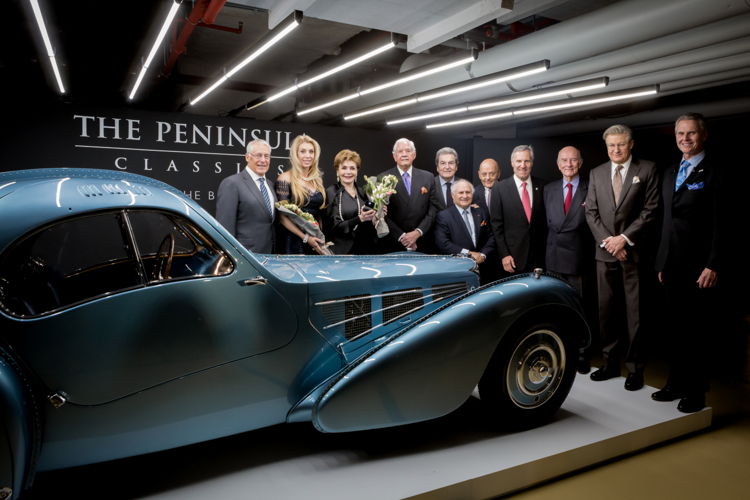 8. Bugatti with winners and award founders: "The winning car’s owners stand alongside The Peninsula Classics Best of the Best Award representatives."
Photo credit Cedric Canezza