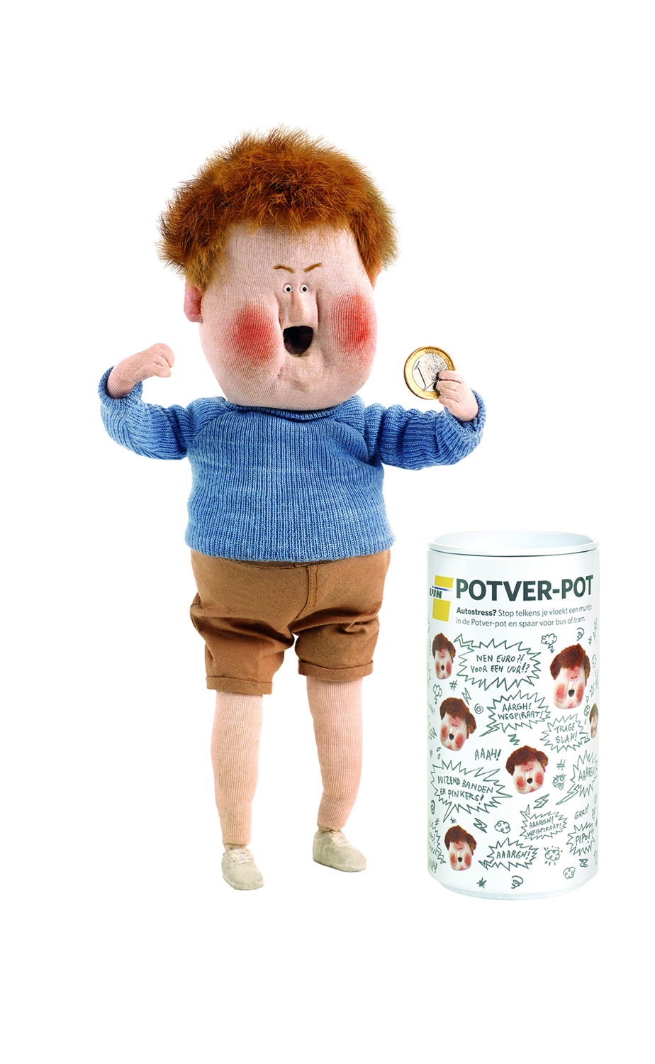 Het Stressmannetje met de potver-pot, een vloekpot waarmee automobilisten kunnen sparen voor een vervoerbewijs van De Lijn.