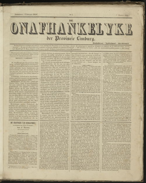 03-01-1850, De onafhankelyke der provincie Limburg, Bibliotheek Hasselt Limburg, publiek domein.