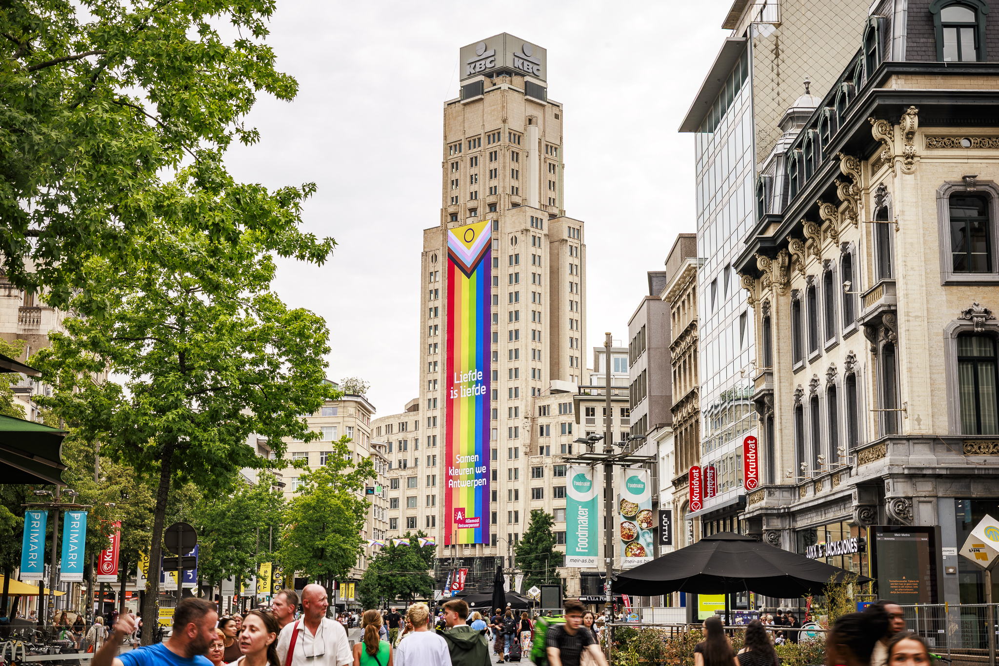 Pride flag at the Boerentoren tower in Antwerp