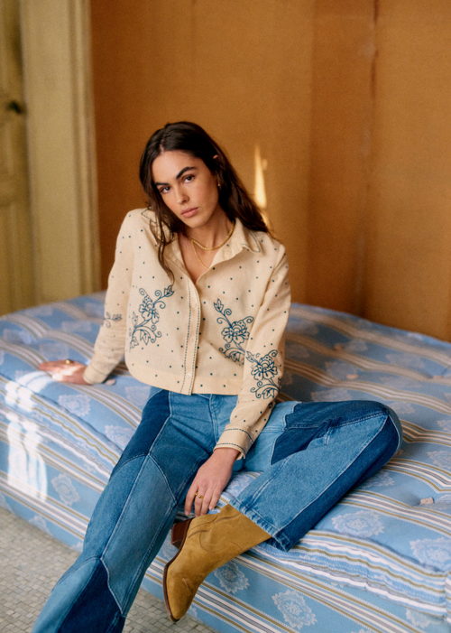 Sézane - Chemise MAELLIE Broderie placee NARCISCO bleu fond naturel 95 €