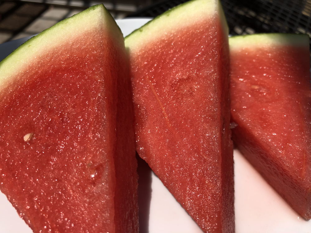 Sliced Rocky Ford Red Seedless Watermelon.