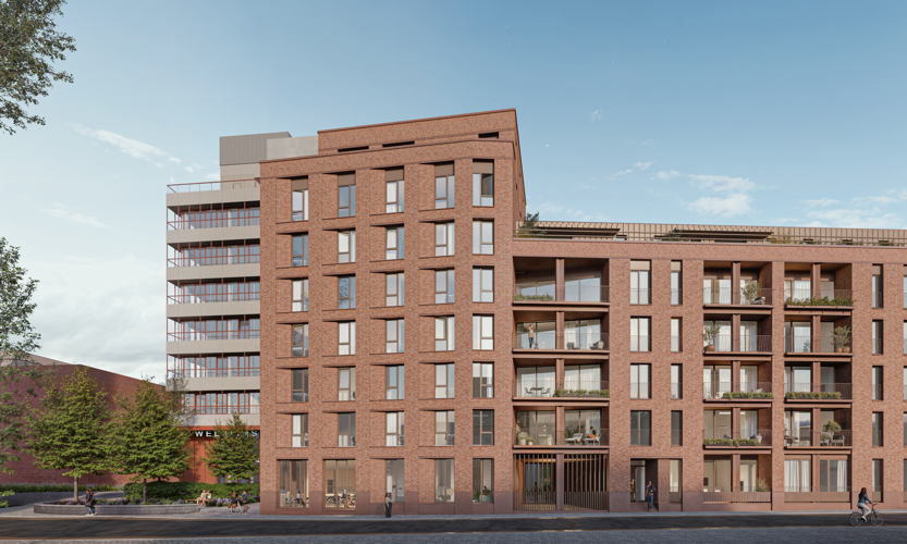 Ontwerpbeeld - Het appartementencomplex (rechts) sluit aan op de studentenresidentie (links)