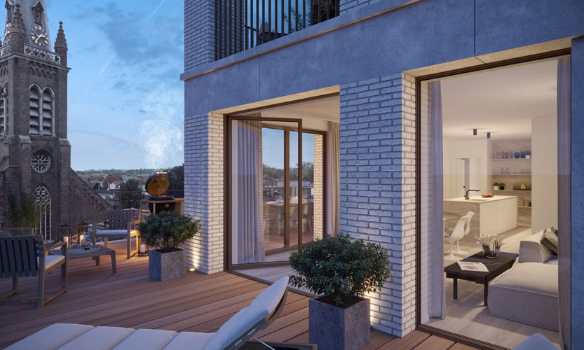 Een zicht op het terras van de appartementen van residentie ‘Astrid’.