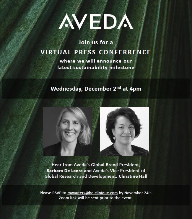 AVEDA : Uitnodiging digitale perspresentatie SUSTAINABILITY