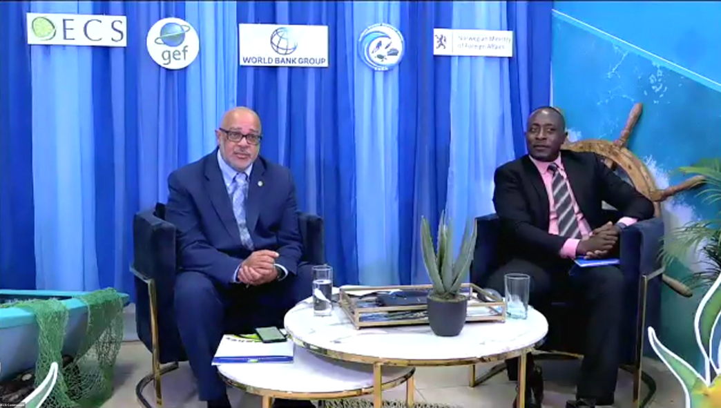 Director General of the OECS, Dr. Didacus Jules; and Head of the OECS Environmental Sustainability Cluster, Mr. Chamberlain Emmanuel, address the virtual audience at the Blue Economy Investors Roundtable - Official Side Event of the OECS  Sustainable Development Movement (SDM 2020).