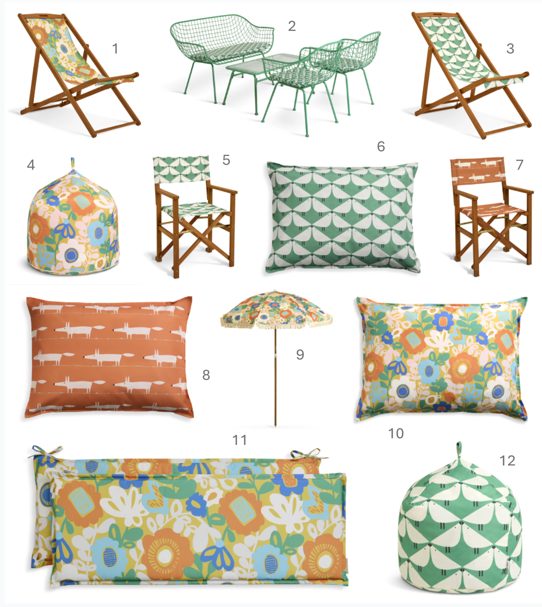 1.Habitat x Scion Deck Chair - Kukkia (Flowers), £48, 2.Habitat x Scion Wire Mesh 4 Seater Sofa Set, £450, 3.Habitat x Scion Deck Chair - Lintu (Green), £48, 4.Habitat x Scion Bean Bag with Handle - Kukkia, £45, 5.Habitat X Scion Directors Chair - Lintu, £65, 6.Habitat x Scion Bean Bag Cushion - Lintu, £90, 7.Habitat x Scion Directors Chair – Mr Fox, £65, 8.Habitat x Scion Bean Bag Cushion - Mr Fox, £90, 9.Habitat x Scion Printed Parasol Kukkia Print, £30, 10.Habitat x Scion Bean Bag Cushion - Kukkia, £90, 11.Habitat x Scion Seat Cushion Pair - Kukkia, £15, 12.Habitat x Scion Beanbag with Handle - Lintu, £45