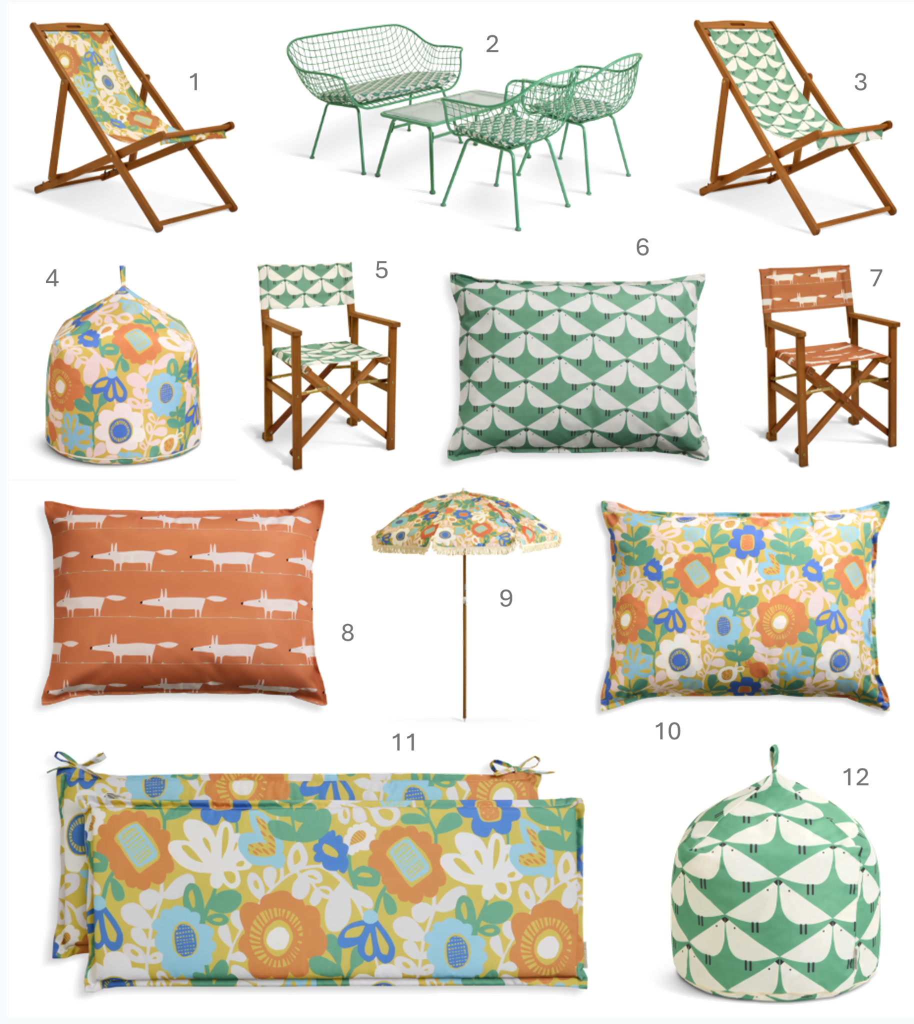 1.Habitat x Scion Deck Chair - Kukkia (Flowers), £48, 2.Habitat x Scion Wire Mesh 4 Seater Sofa Set, £450, 3.Habitat x Scion Deck Chair - Lintu (Green), £48, 4.Habitat x Scion Bean Bag with Handle - Kukkia, £45, 5.Habitat X Scion Directors Chair - Lintu, £65, 6.Habitat x Scion Bean Bag Cushion - Lintu, £90, 7.Habitat x Scion Directors Chair – Mr Fox, £65, 8.Habitat x Scion Bean Bag Cushion - Mr Fox, £90, 9.Habitat x Scion Printed Parasol Kukkia Print, £30, 10.Habitat x Scion Bean Bag Cushion - Kukkia, £90, 11.Habitat x Scion Seat Cushion Pair - Kukkia, £15, 12.Habitat x Scion Beanbag with Handle - Lintu, £45 1.Habitat x Scion Deck Chair - Kukkia (Flowers), £48, 2.Habitat x Scion Wire Mesh 4 Seater Sofa Set, £450, 3.Habitat x Scion Deck Chair - Lintu (Green), £48, 4.Habitat x Scion Bean Bag with Handle - Kukkia, £45, 5.Habitat X Scion Directors Chair - Lintu, £65, 6.Habitat x Scion Bean Bag Cushion - Lintu, £90, 7.Habitat x Scion Directors Chair – Mr Fox, £65, 8.Habitat x Scion Bean Bag Cushion - Mr Fox, £90, 9.Habitat x Scion Printed Parasol Kukkia Print, £30, 10.Habitat x Scion Bean Bag Cushion - Kukkia, £90, 11.Habitat x Scion Seat Cushion Pair - Kukkia, £15, 12.Habitat x Scion Beanbag with Handle - Lintu, £45