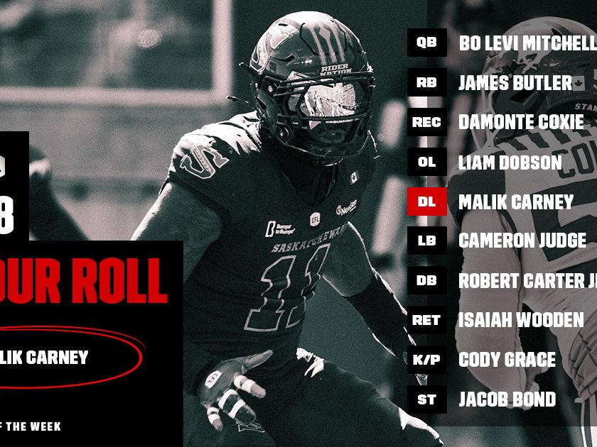 CFL HONOUR ROLL: WEEK 8 – CARNEY EARNS PLAYER OF THE WEEK