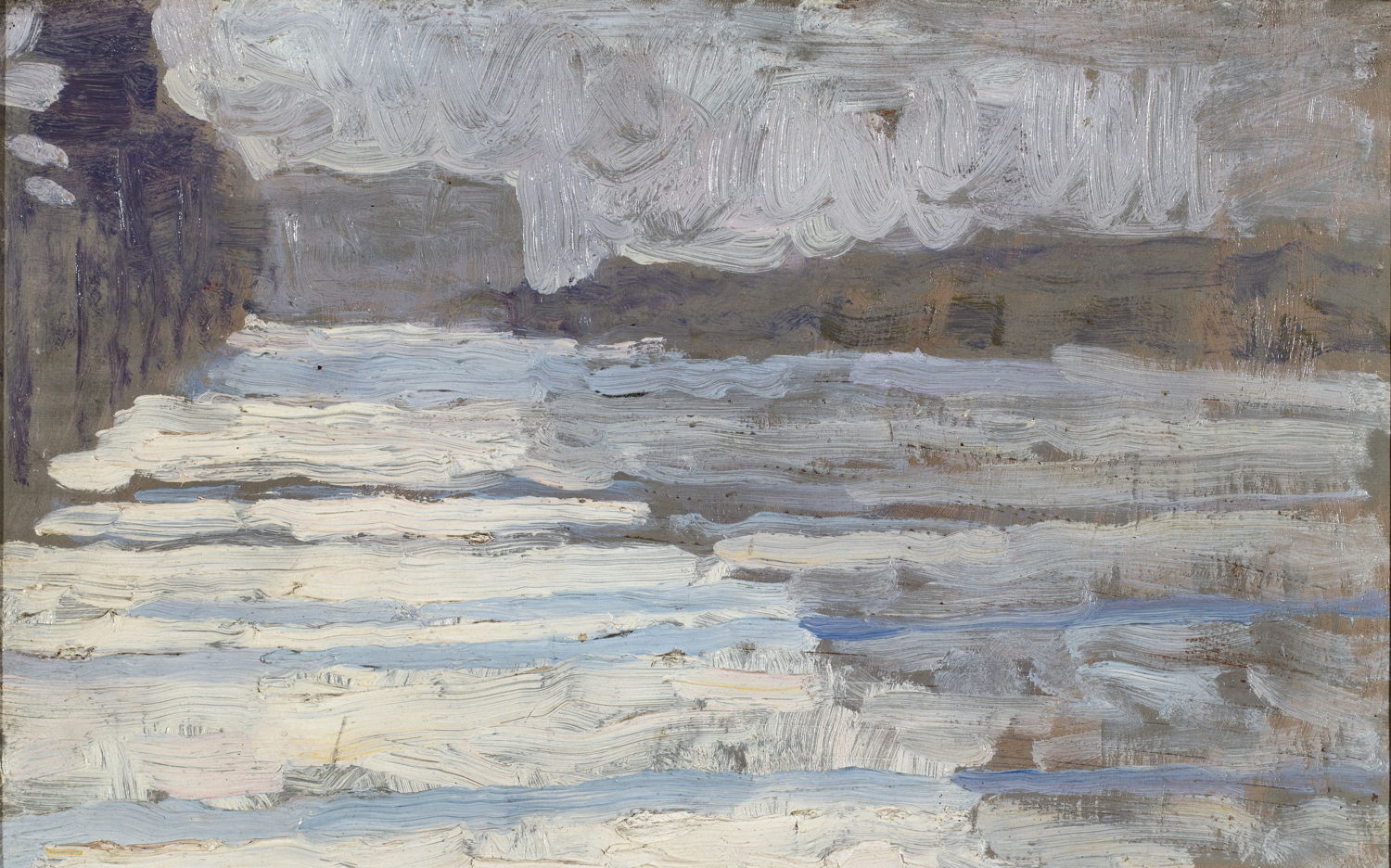 Albert Baertsoen (Gent, 1866 – Gent, 1922) Grijze ochtend, sneeuw (studie), ca. 1892 Olieverf op paneel, 21,3 x 34 cm Privéverzameling