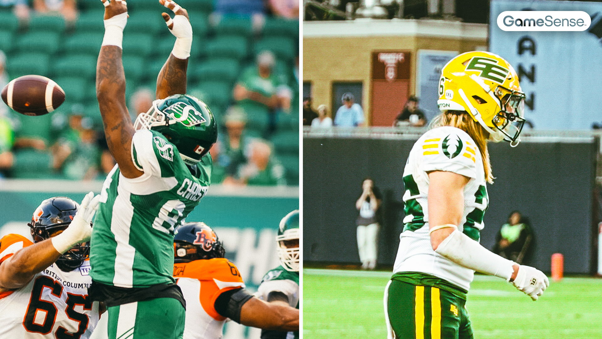 DeMarcus Christmas (94) in action with the Riders (2022) - Photo Courtesy: CP Images ​ \ Josh Hagerty (26) in action with the Elks (2024).