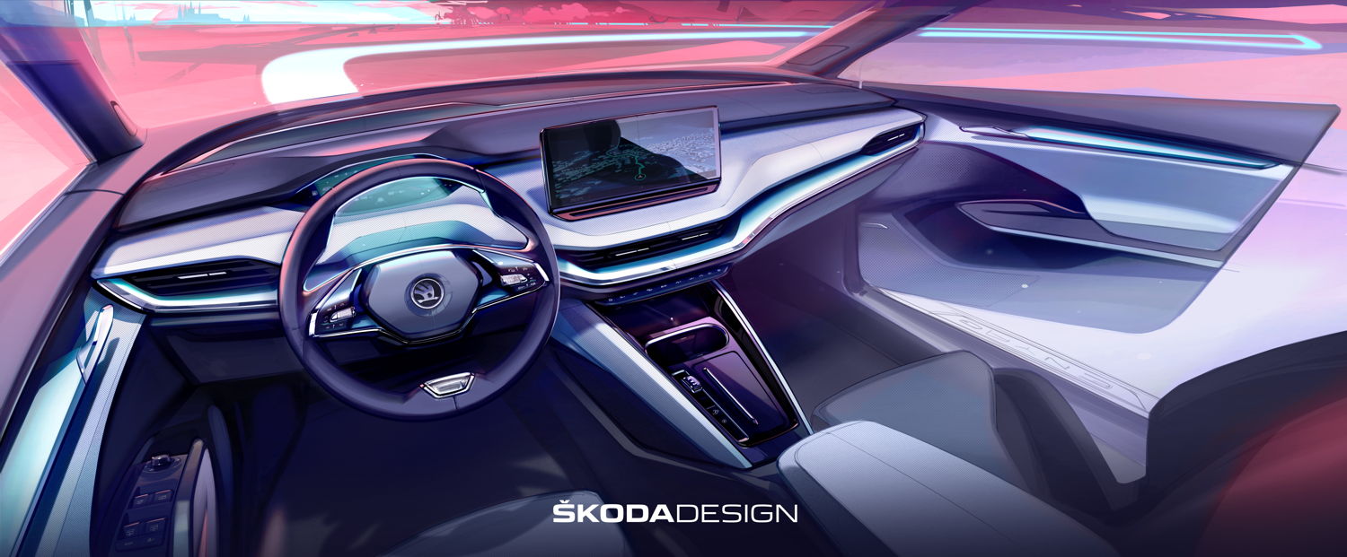The interior of the Czech car manufacturer's first all-electric SUV reflects modern living environments. The Design Selections replace the previous equipment lines and feature natural, sustainably produced and recycled materials.