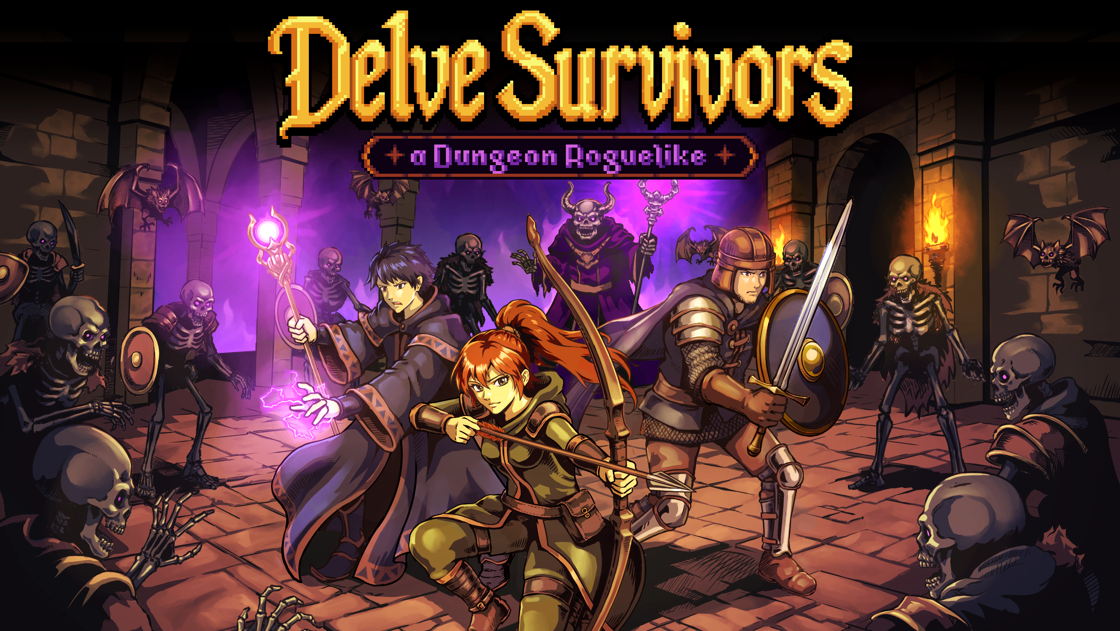 Ilustración clave de Delve Survivors con un aventurero frente a hordas de monstruos en una mazmorra