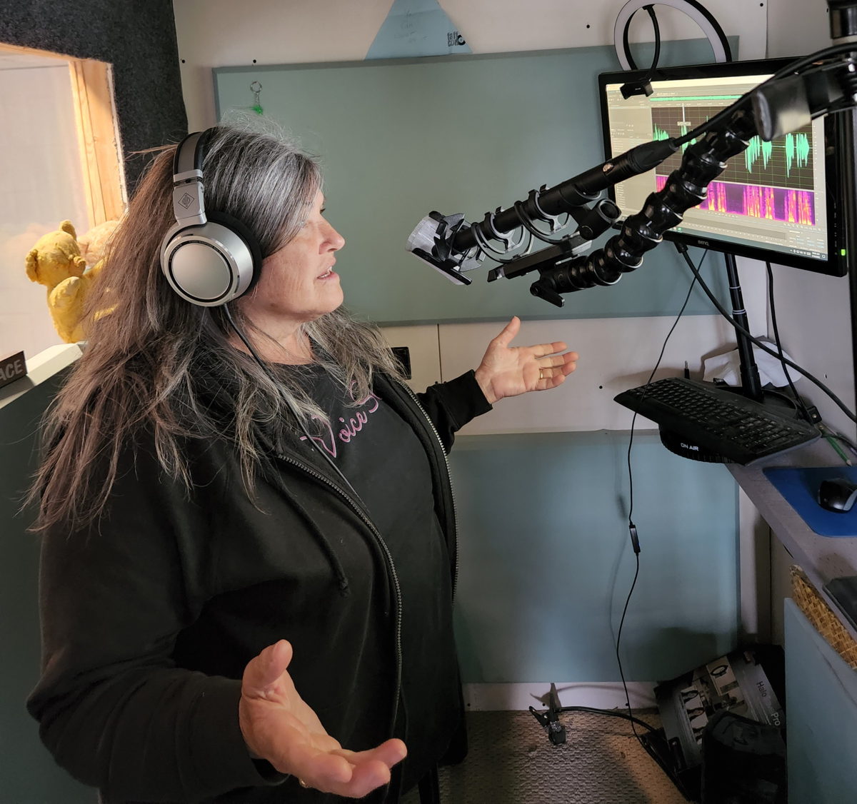 Voiceover artist Bev Standing uses the Sennheiser MKH 416 shotgun mic, the Neumann TLM 102 large-diaphragm mic and a pair of Neumann NDH 20 closed back studio headphones. Photo courtesy of Bev Standing. 