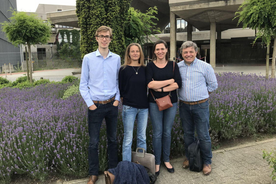 From left to right: Dr. Arnout Bruggeman (VIB-UGent-UZ Gent), Prof. Debby Laukens (UGent), Prof. Roosmarijn Vandenbroucke (VIB-UGent), and Prof. Patrick Santens (UZ Gent) From left to right: Dr. Arnout Bruggeman (VIB-UGent-UZ Gent), Prof. Debby Laukens (UGent), Prof. Roosmarijn Vandenbroucke (VIB-UGent), and Prof. Patrick Santens (UZ Gent)