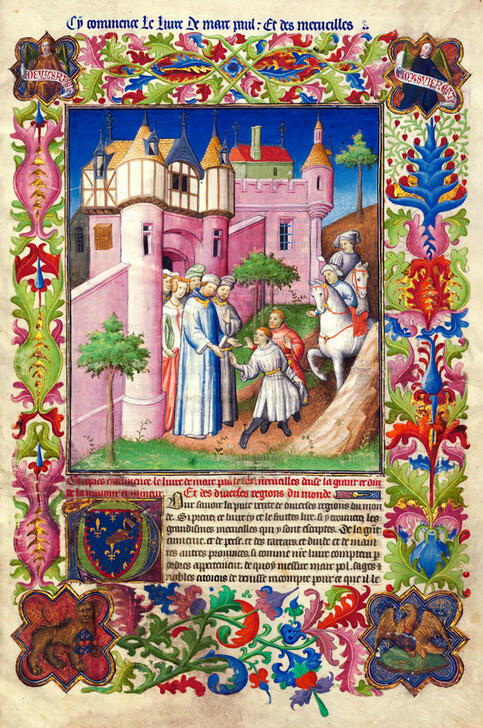 AKG10312624 The brothers Niccolo and Matteo Polo leave Byzantium. The Book of Wonders, French 2810, f. 1r© akg-images