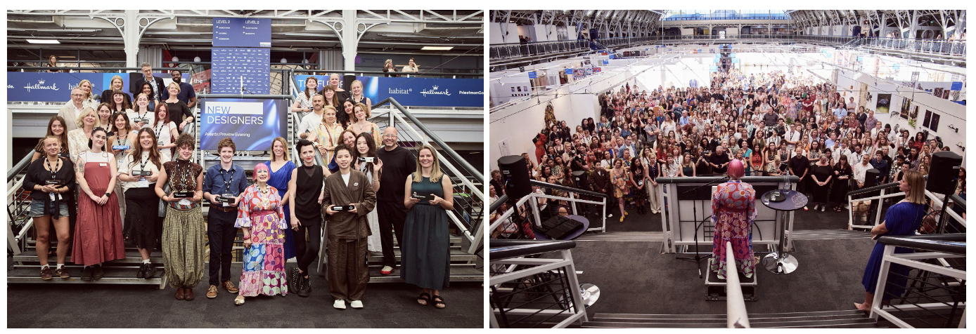 Above (from left): Fashion icon Dame Zandra Rhodes photographed with the winners of New Designers Week 1 Awards; Rhodes delivering her keynote speech in front of the live audience (Image: Mark Cocksedge)