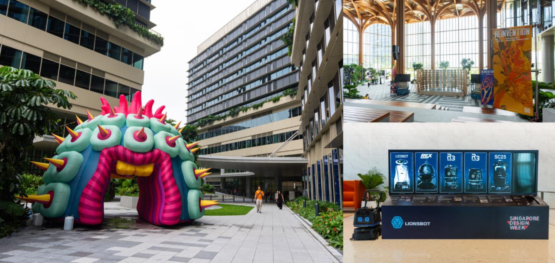 Clockwise from left: Strange Terrains by Nimble Mystic around Singapore Science Park, REINVENTION stage at Geneo, LionsBot feature as part of MAN + MACHINE: A Robotics Showcase. Photos by AlvieAlive.