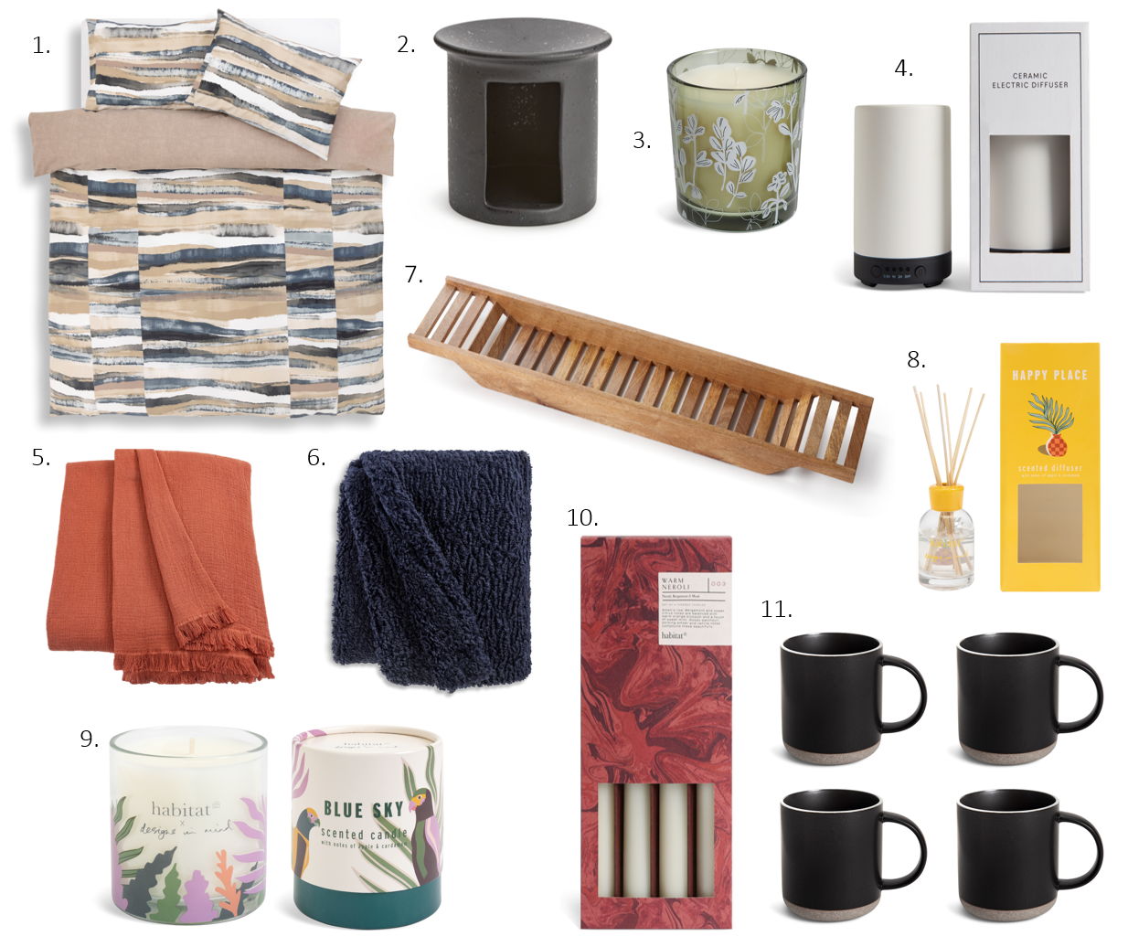 1. Habitat Dark Sands Landscape Stripe, £36
2. Habitat Ceramic Wax Melt Burner, £12
3. Habitat Boxed Candle Fig Leaf, £6.50
4. Habitat Electric Diffuser, £25
5. Habitat Cotton Plain Textured Throw, £25
6. Habitat Navy Shearling Throw, £35
7. Habitat Mango Wood Bath Bridge, £30
8. Habitat x Designs in Mind 90ml Diffuser, £10
9. Habitat x Designs in Mind Boxed Candle, £7
10. Habitat Tapered Candles 4pk, £7
11. Habitat Matte Raw Edge Mug 4pk, £12