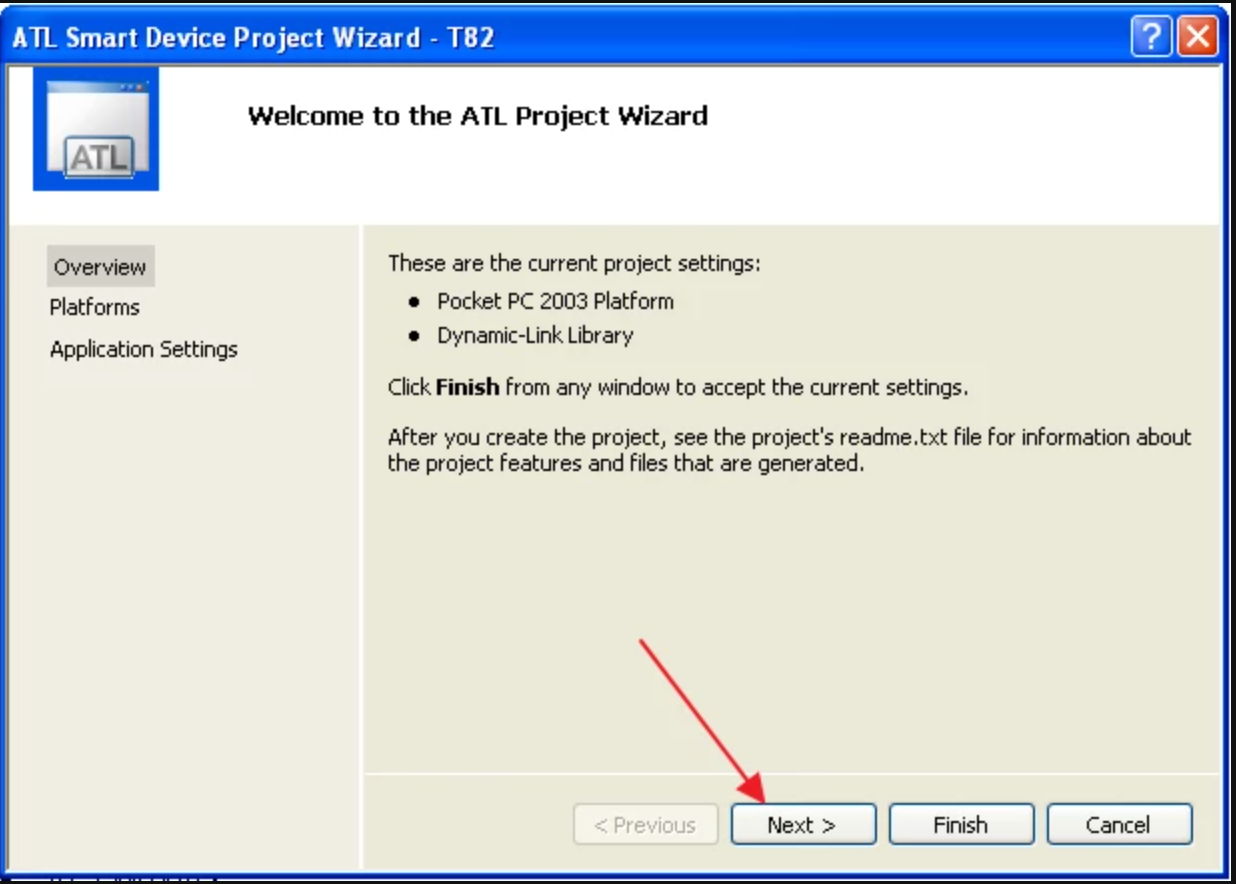 プロジェクト設定を構成するウィザードウィンドウで、「Next＞」をクリックします