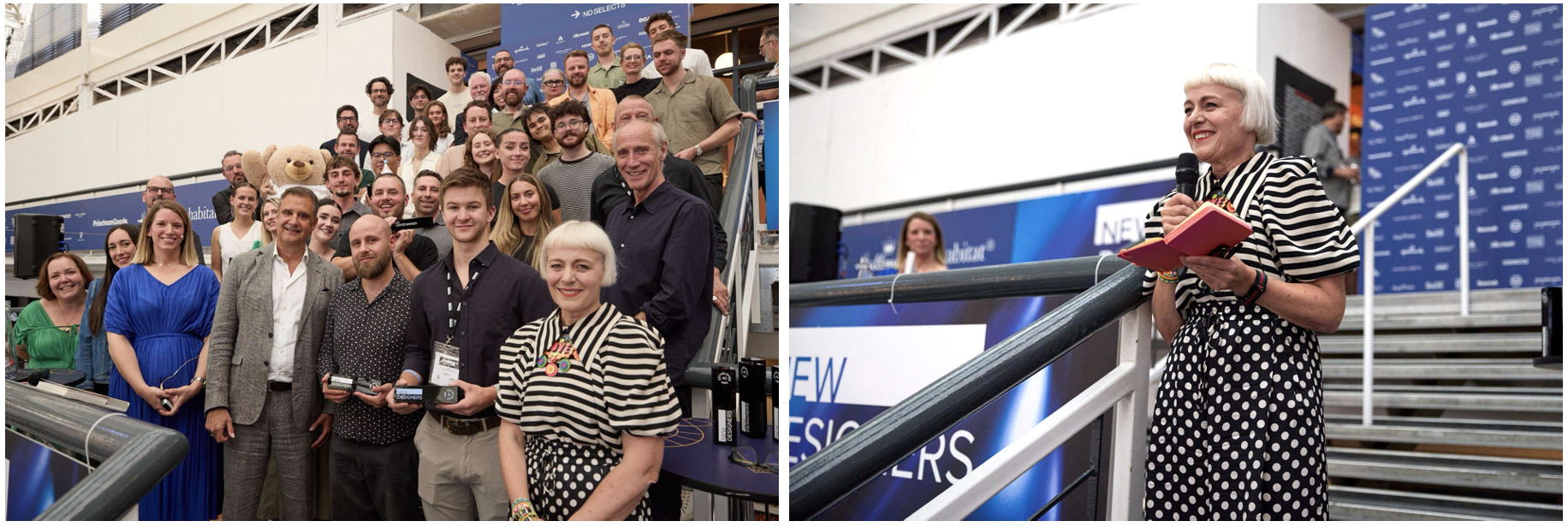 Above (from left): British artist Morag Myerscough photographed with the winners of New Designers Week 2 Awards; Myerscough delivering her keynote speech in front of the live audience (Image: Gary Morrisroe) Above (from left): British artist Morag Myerscough photographed with the winners of New Designers Week 2 Awards; Myerscough delivering her keynote speech in front of the live audience (Image: Gary Morrisroe)