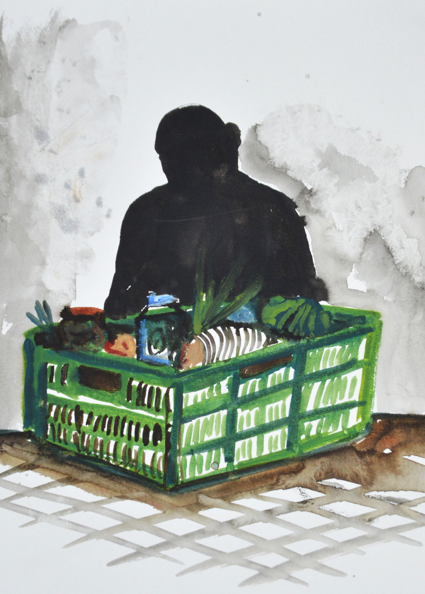Nour-Edinne Jarram, 'Armoede = eenzaamheid' (groene krat met eten), 2023, aquarel, collectie Stedelijk Museum Schiedam
