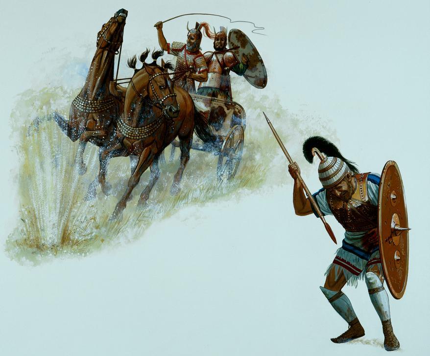 Zeus hurling a lightning bolt against the chariot of Nestor and Diomedes; Odysseus is hit in his side by a spear.  Watercolour, no date, by Peter Connolly. AKG382146 © akg-images / Peter Connolly