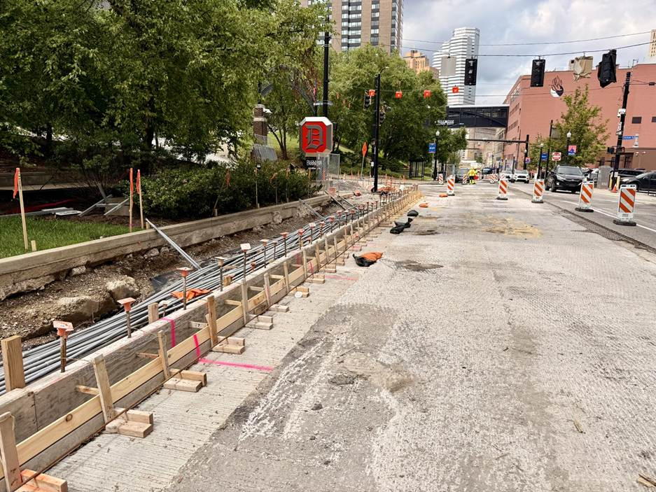 Wooden sidewalk frames recently placed along the south side of Forbes Avenue near Duquesne University Wooden sidewalk frames recently placed along the south side of Forbes Avenue near Duquesne University