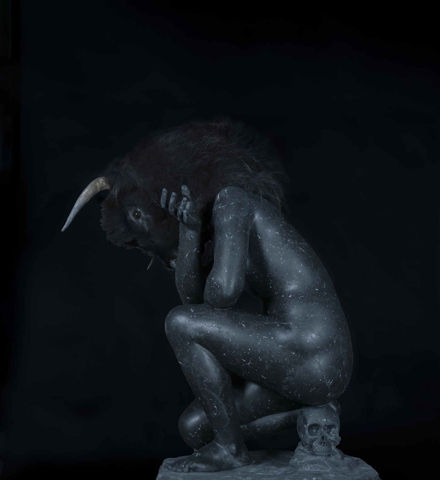 Koen Vanmechelen, Seduction, Taxidermy Highlandrund, marble 151 x 95 x 124 cm © Koen Vanmechelen, 2020, photo by Kris Vervaeke