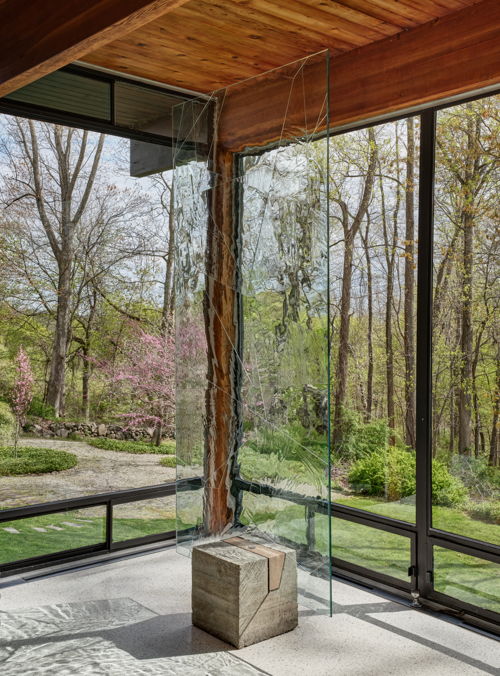 At The Luss House: Blum & Poe, Mendes Wood DM and Object & Thing. The Gerald Luss House, Ossining, New York. Photo by Michael Biondo. Work pictured: Daniel Steegmann Mangrané, Systemic Grid 124 (Window) (2019).