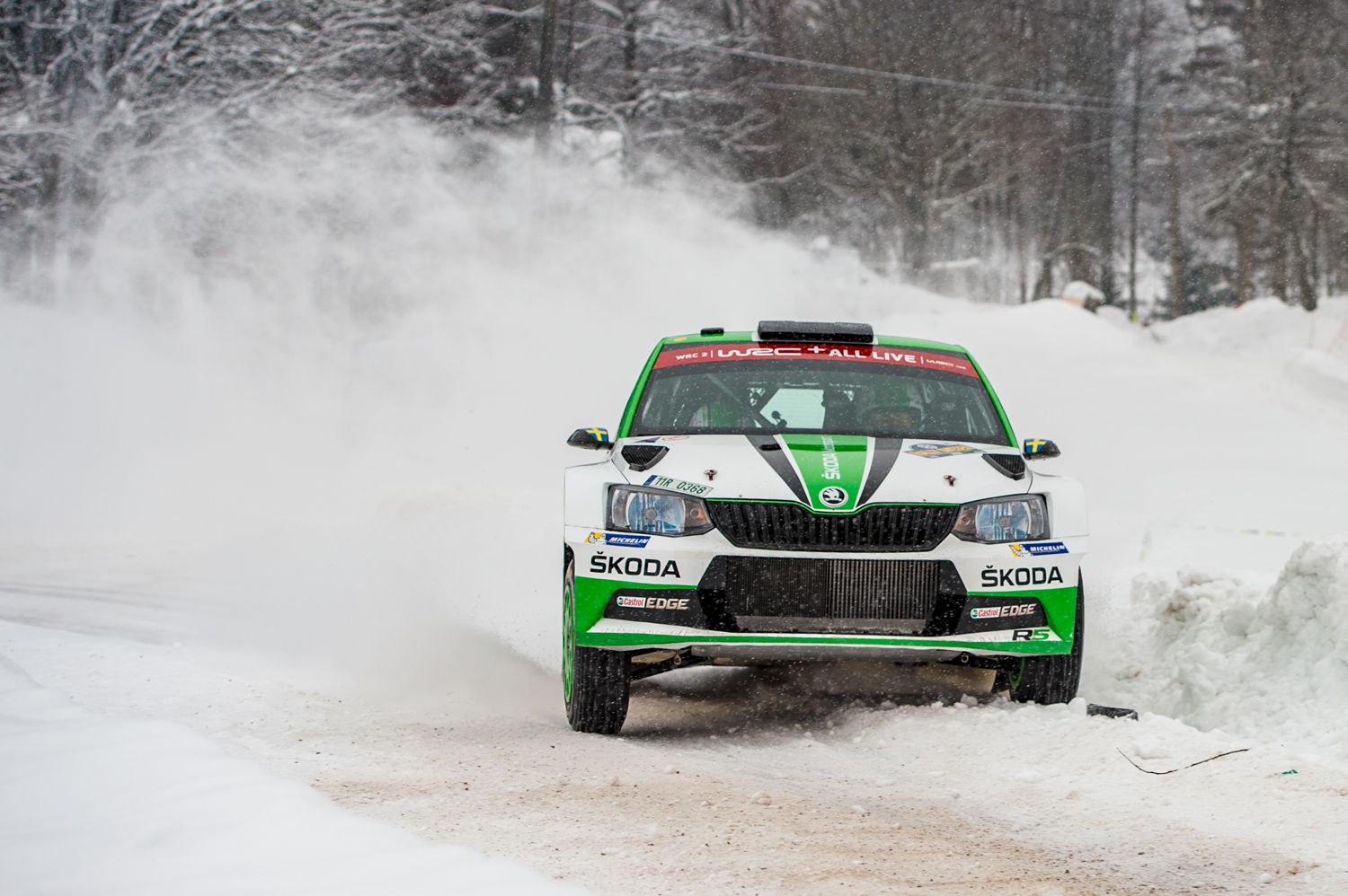 After day two, Pontus Tidemand/Jonas Andersson (SWE/SWE), driving a ŠKODA FABIA R5, are second in the WRC 2 category, just four seconds behind the leader