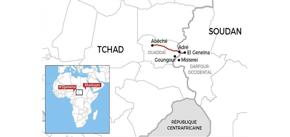 Carte du trajet entre El-Geneina et Adré © MSF Carte du trajet entre El-Geneina et Adré © MSF