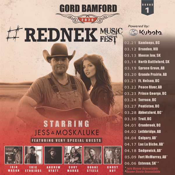 Gord Bamford Announces 2020 #REDNEK Music Fest Tour Starring Jess Moskaluke And Special Guests