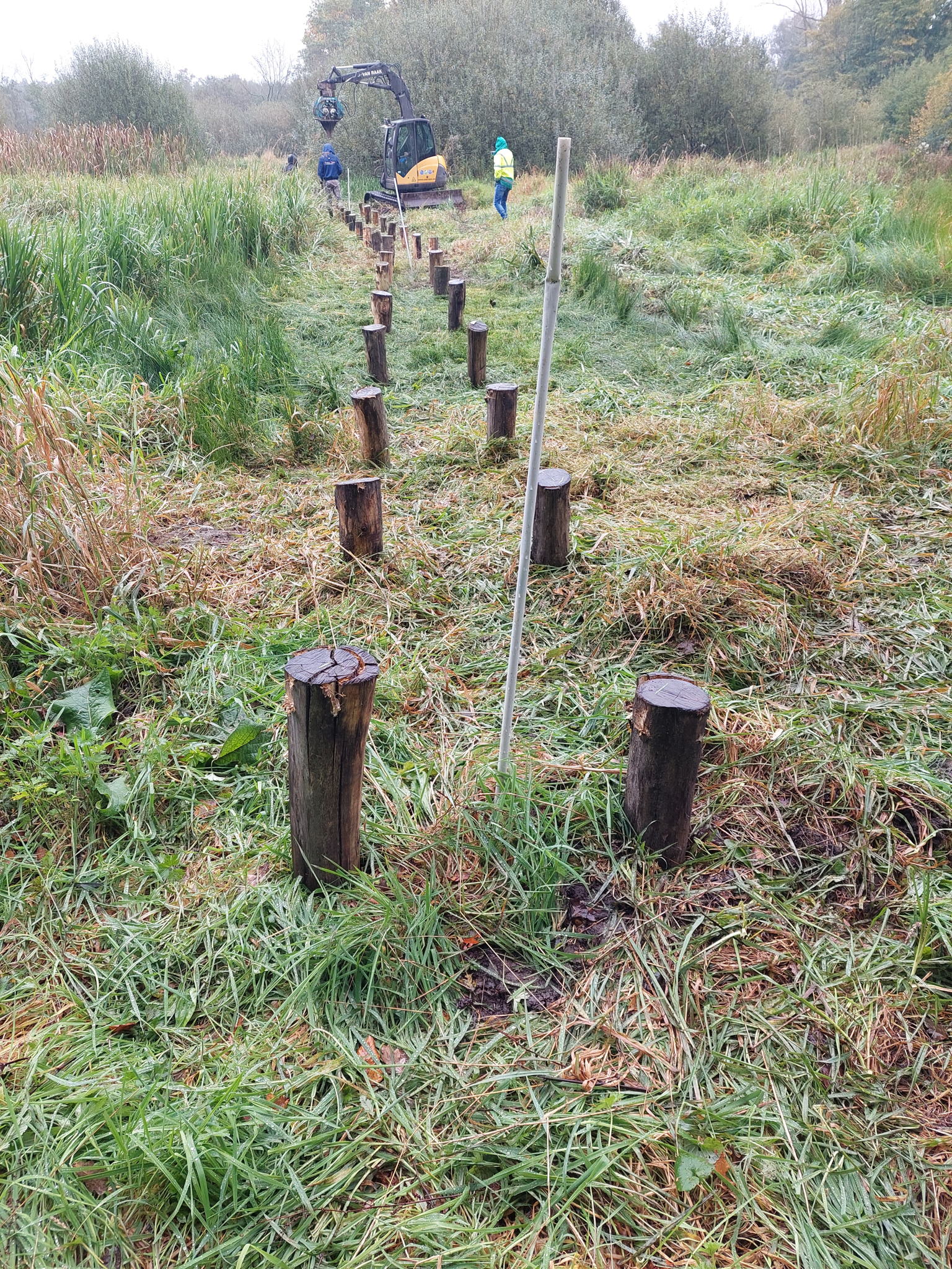 De aannemer slaat palen in de grond voor een knuppelpad © VLM De aannemer slaat palen in de grond voor een knuppelpad © VLM
