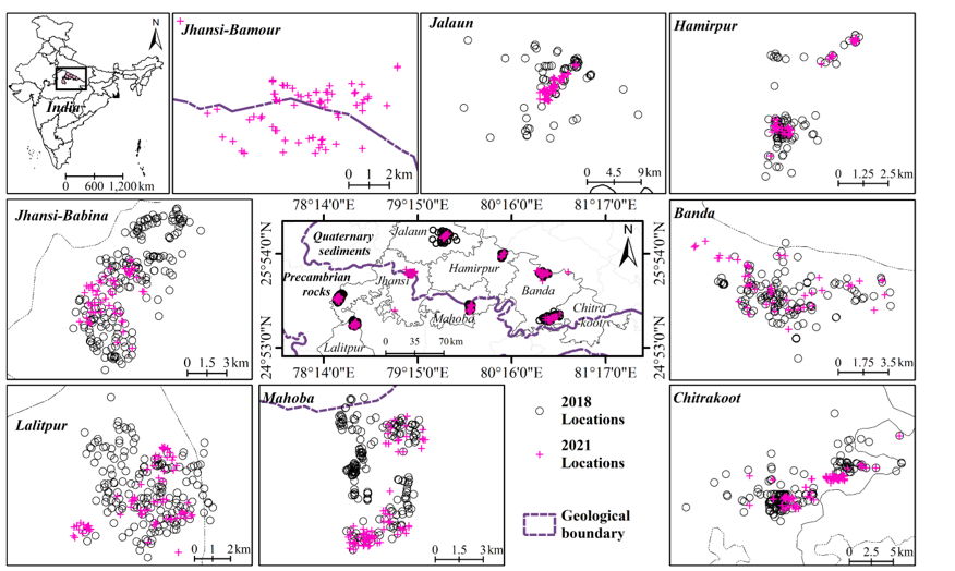 Locations of soil samples collected from selected districts of the Bundelkhand region during 2018 (open circles) and 2021 (plus sign).